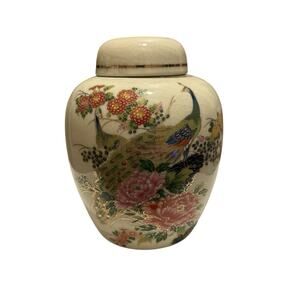 Vintage Peacock Bird Ginger Jar Vase Oriental Porcelain Ceramic Flowers Japan 6”
